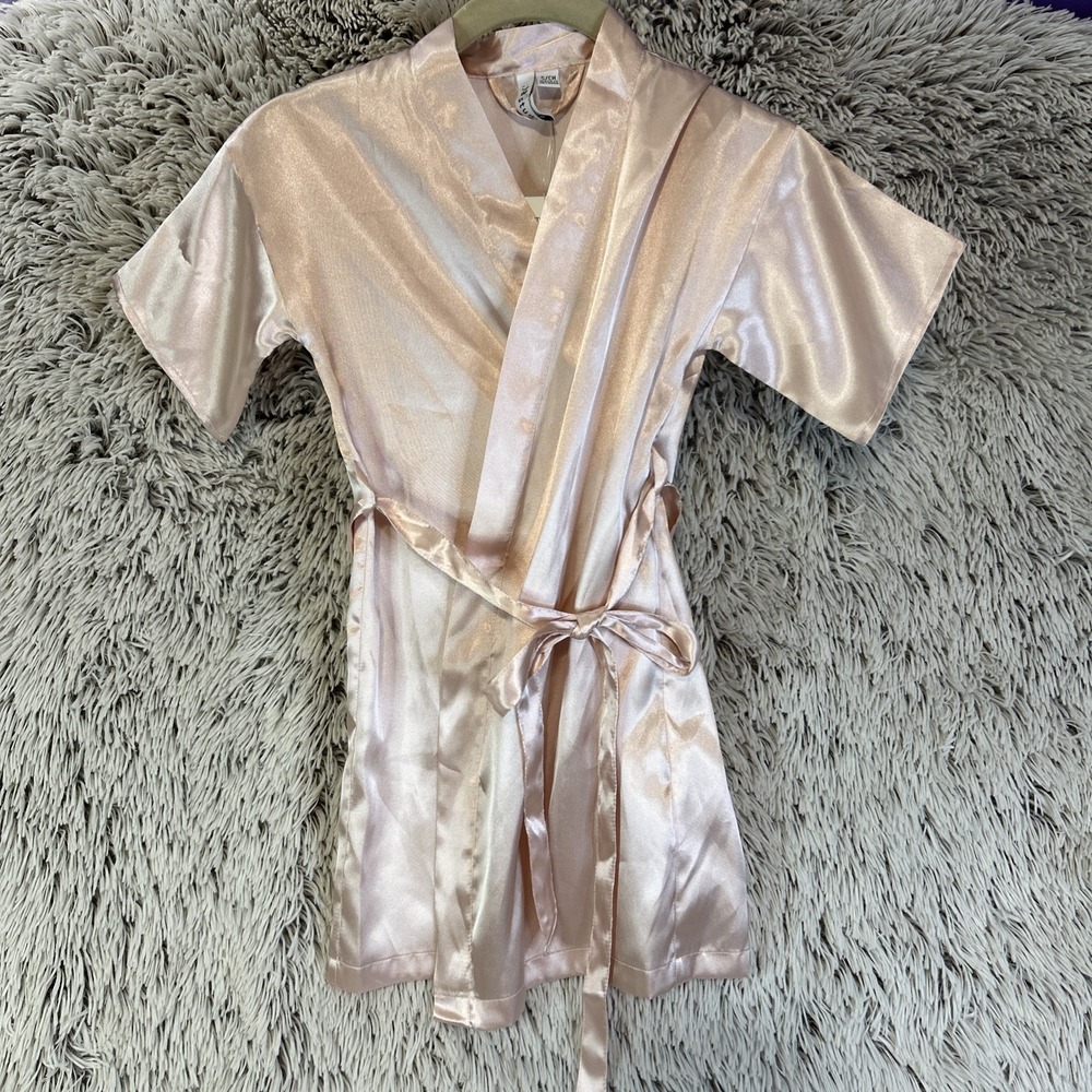 David's Bridal Flower Girl Robe Small Blush Gold Satin Short Sleeve Feminine